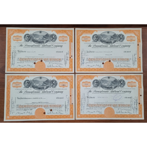Lot of Four Pennsylvania Railroad Company Assorted Share Certificates - Stamped from 1958 & 1959!