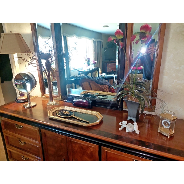 Contents As Shown On Ladies Dresser - Includes Lamp Mirror Vanity Tray & Mirror Orchid Clock & More