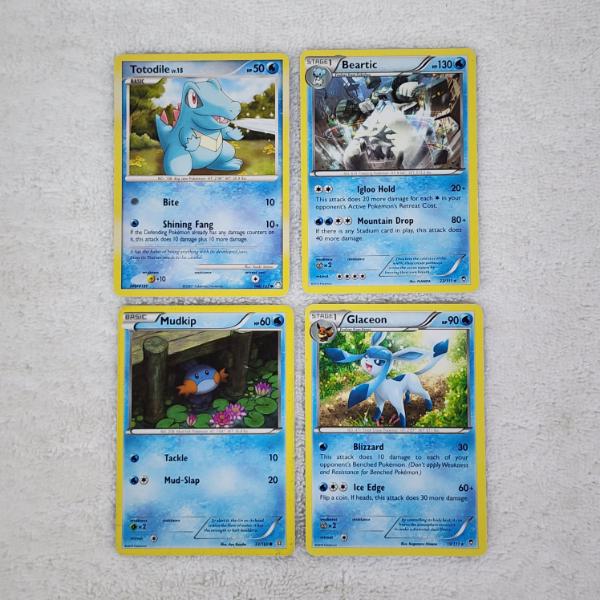 Four Assorted Vintage Water Type Pokemon Trading Cards Including Glaceon & Mudkip! 