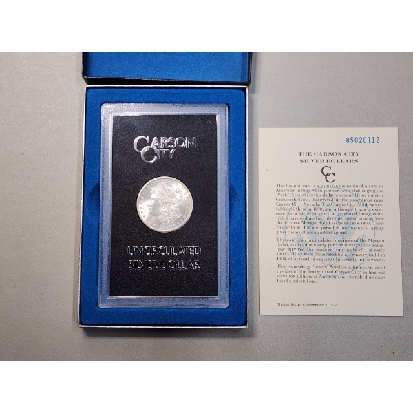 1885 Carson City Uncirculated Morgan Silver Dollar in Display