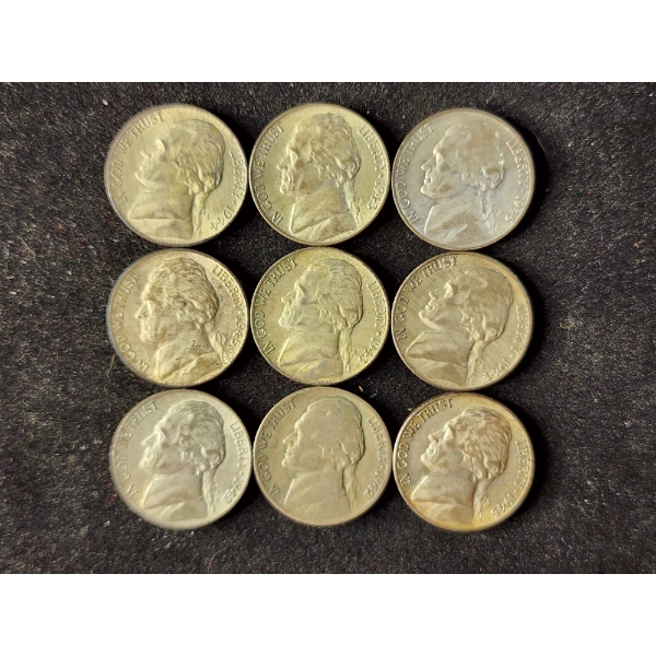 Nine Assorted Silver Wartime Nickels - Face Value $0.45 