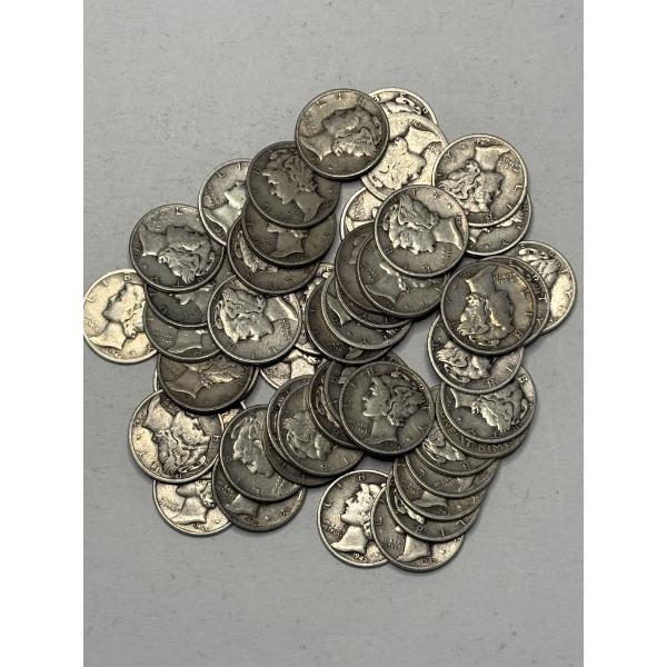 Lot of 50 90% Silver Assorted Year Mercury Dimes, FV $5.00