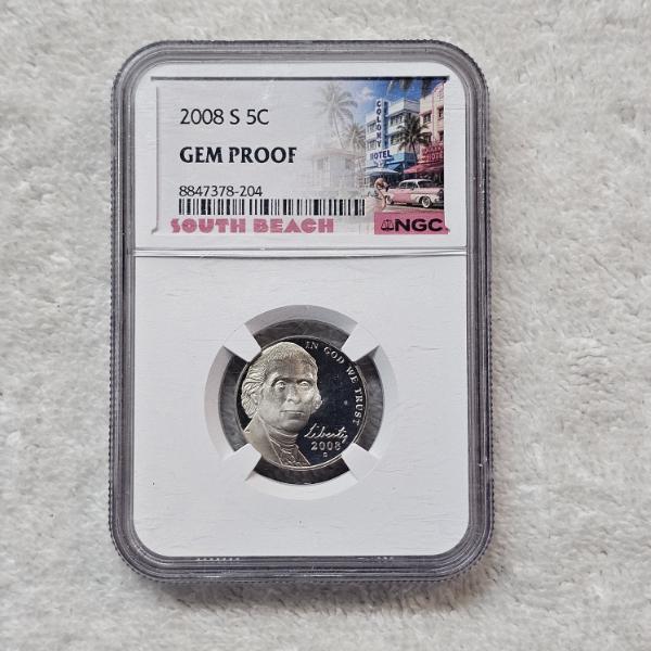 NGC GEM PROOF 2008 S 5C Jefferson Nickel Proof Coin South Beach Label