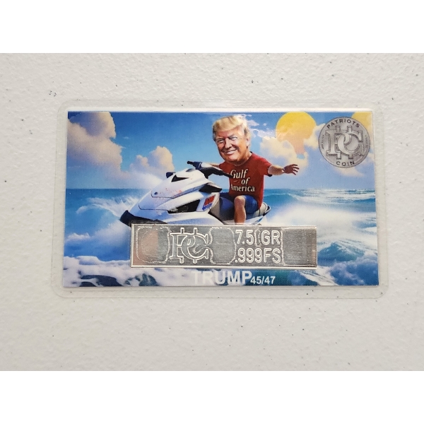 Patriots Coin "Trump Jet Ski" 7.5 Grain .999 Fine Silver Bar Encased in Protective Card 