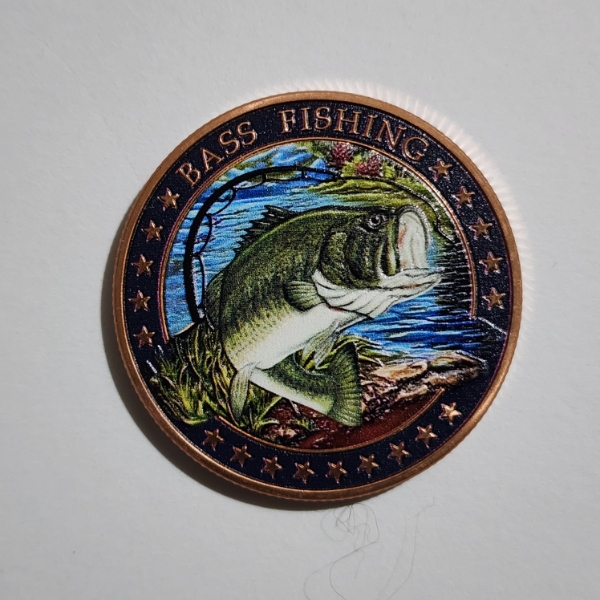 1 Oz .999 Fine Copper Bass Fishing Colorized Round Ft. American Flag & Fishing Pole On Reverse