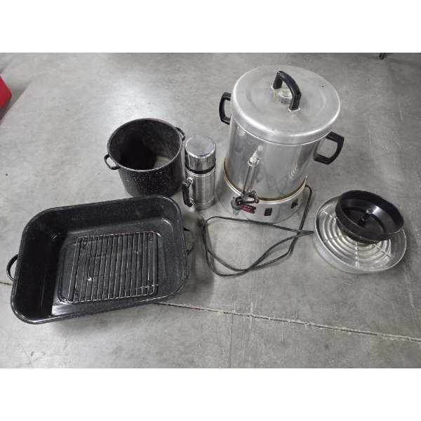 Enterprise 58 Cup Percolator Urn, Stanley Thermos, 18''x12'' & 9'' Enamelware Pans