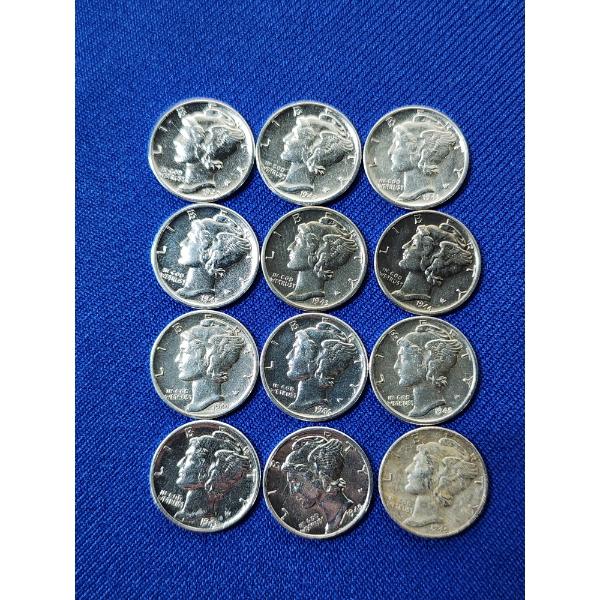 x12 Assorted Years 90% Silver Mercury Dimes Including BU-Like FV: $1.20