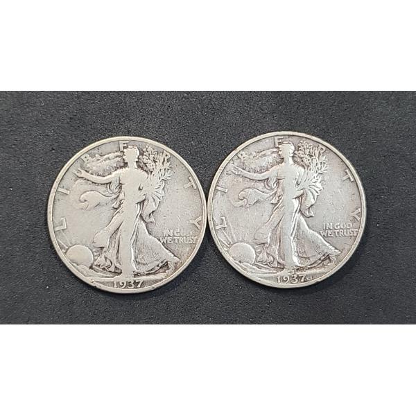U.S 1937 & 1937-D Walking Liberty 90% Silver Half Dollars - Face Value: $1.00