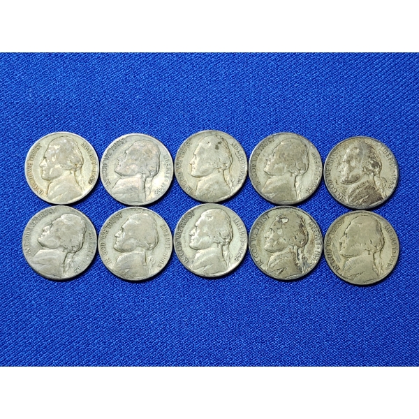 x10 Assorted Years Jefferson Wartime Nickels FV: $0.50