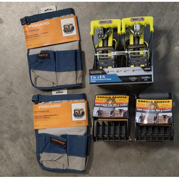All Brand New! 2 Fiskars Tool Bucket Organizers, 2 Gorilla Grippers & Traveller 2 x 8ft Ratchet Tie 