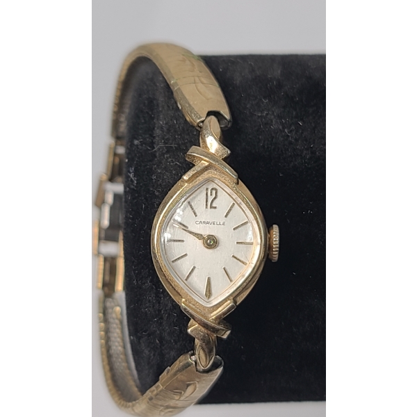 Vintage Caravelle By Bulova Ladies' 10K Rolled Gold Plated Cat-Eye 17 Jewel Wind Up Cocktail Watch
