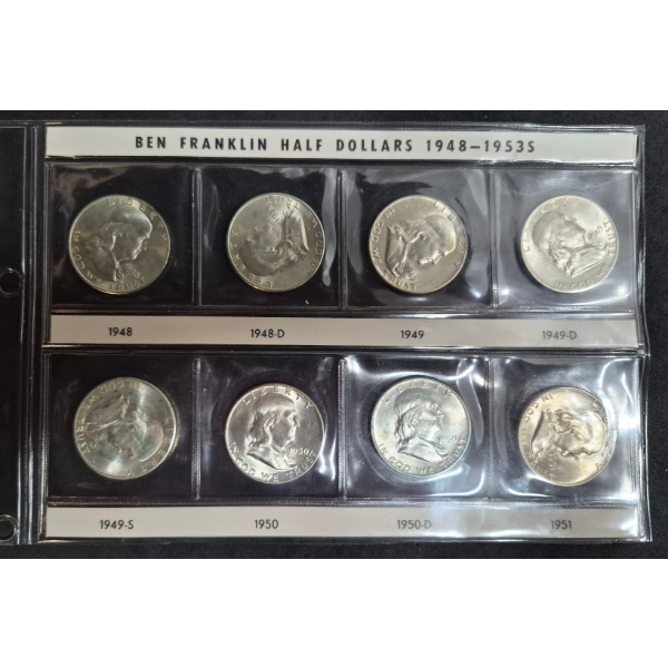 Qty 8 - Frankin Half Dollars In BU Condition In Sealed Sleeve Page 1948 Thru 1951 90% Silver
