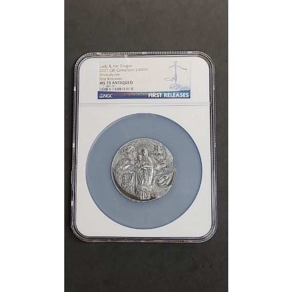 2021 First Release Lady & The Dragon Gilt Cameroon S3000F Apocalypse MS 70 Antiqued 3 Oz Silver Coin