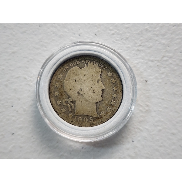 1905 United States 90% Silver Barber Quarter in Capsule