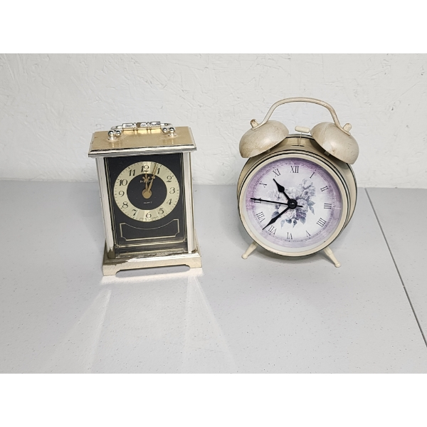 2 Clocks: Bulova Carriage Desk Mantel Clock Quartz & Floral Alarm Clock