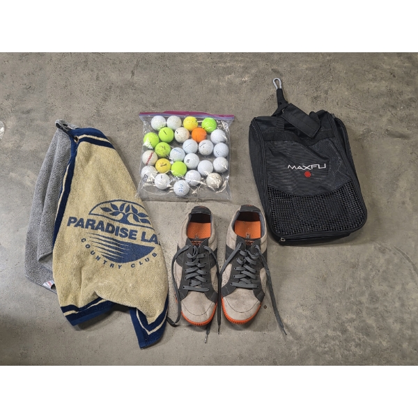 Size 10 Skechers Golf Shoes, Golf Balls, Golf Clip On Towels & Maxfi Zip Pouch In Great Condition!