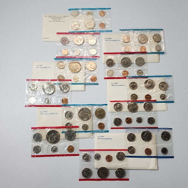 Six United States Mint Uncirculated Coin Sets: 1972, 1976, 1977, 1979, 1980, 1981