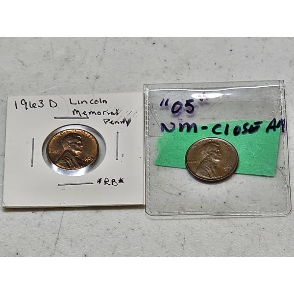 1963D Lincoln Memorial Penny and 1969D Penny No FG