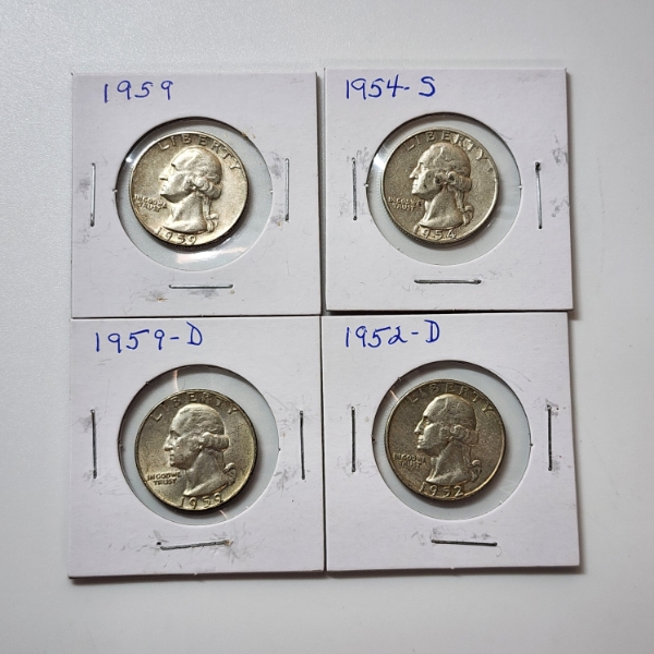 Four Assorted Years United States 90% Silver Washington Quarters - Face Value: $1.00