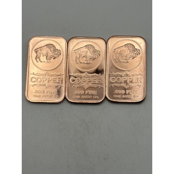 Three Buffalo 1 AVDP oz .999 Fine Copper Bars