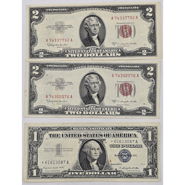 Lot of (2) $2 Bills Red Seal & (1) $1 Silver Certificate Blue Seal Star Note - $5 Face Value