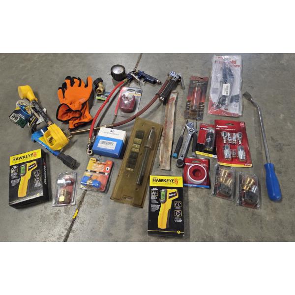 Plastic Storage Bin With Husky Air Tool Accessories, Hawkeye Thermometers, Coupler & Much More