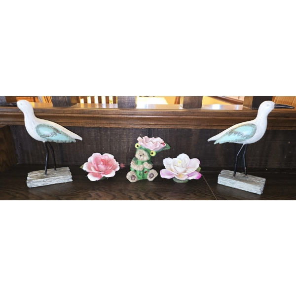 2 Wooden Birds, 2 Porcelain Flowers & Resin Bear with Flower and Ladybug