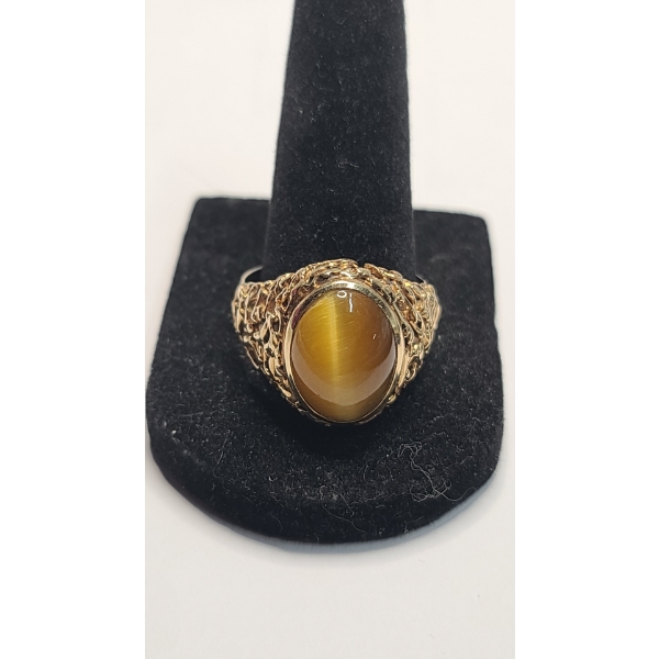 Vintage Men's 14K Yellow Gold Oval Cabochon Tiger's Eye Ring - Size 12 - Weight: 12.1g