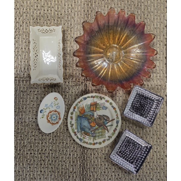 Interesting Dish Collection Including A Lennox Trinket Dish & Vintage Onida Plastic Bunny Plate!
