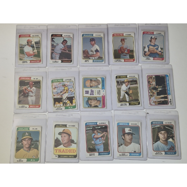 MINT 1974 TOPPS BASEBALL CARDS - 15 ASSORTED SLEEVED CARDS IN NEVER TOUCHED FRESH CONDITION 