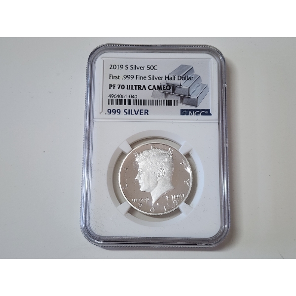 NGC PF 70 ULTRA CAMEO First .999 Fine Silver Half Dollar 2019-S Kennedy