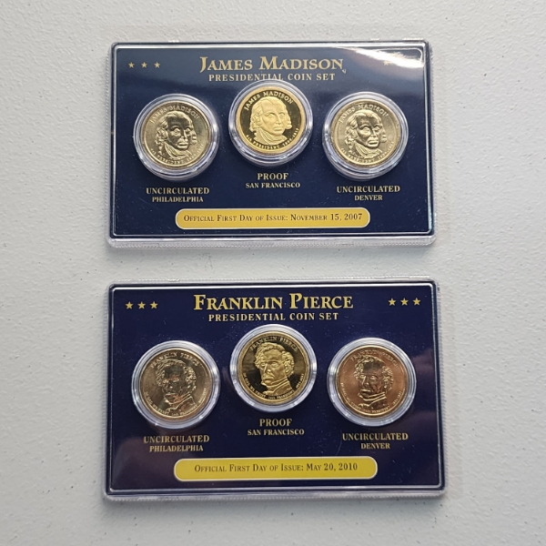 Two U.S. Presidential Dollar Coin Sets FDOI: Madison & Pierce - Face Value: $6.00