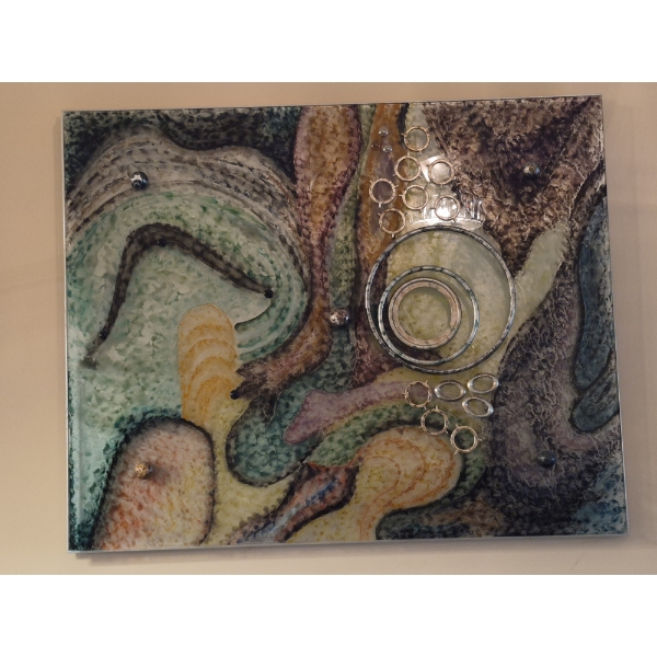 Large Reverse Painted On Glass With Metal Free Form Sculpture Affixed - 44 x 35 - Very Colorful 