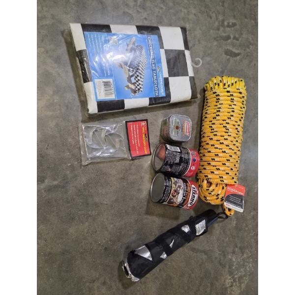 New 100 Ft. Poly Rope, Table Cover & Clips, Umbrella, Two 2 Packs Of Sterno Cooking Fuel & More!