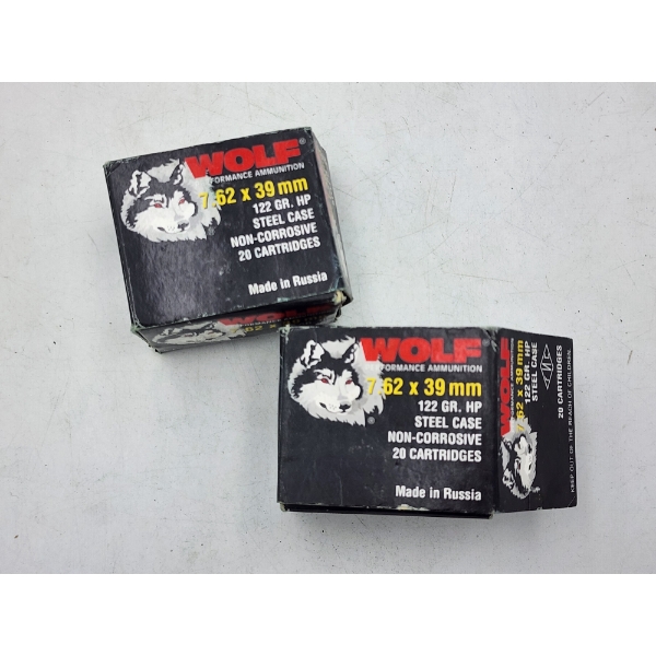 2 Boxes of Wolf 7.62x39mm Rifle Ammunition - 122 Grain HP - Made in Russia