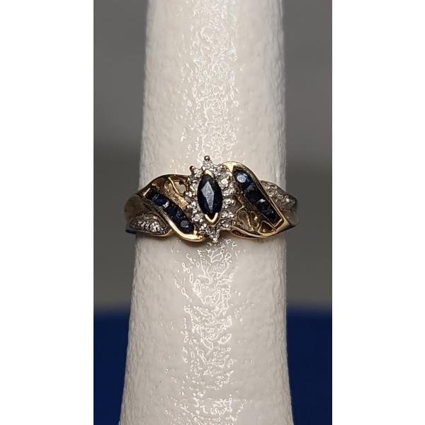 10K Gold Marquise-Cut Sapphire And Diamond Bypass Ring - Size 7 - Weight: 2.2g