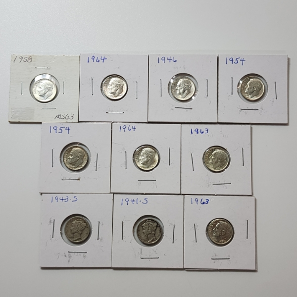 x10 Assorted Years United States 90% Silver Mercury & Roosevelt Dimes - Face Value: $1.00