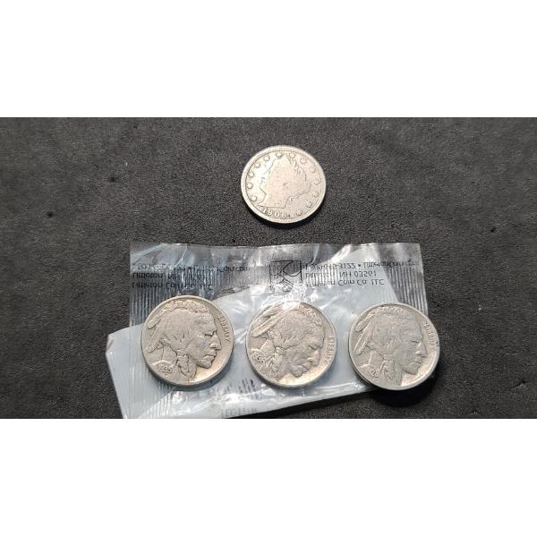 1906 Barber V Nickel & (3) Buffalo Nickels 1928, 1935, 1936 Face Value: 20 Cents
