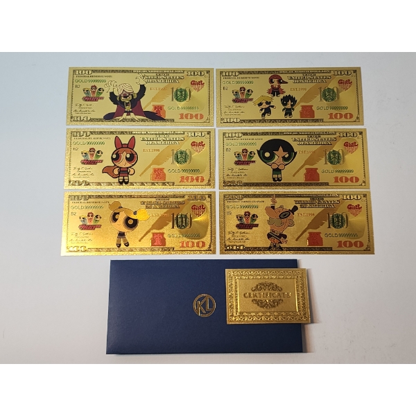 x6 Assorted Powerpuff Girls $100 99999999 24K Gold Foil Banknotes Set w/ CoA