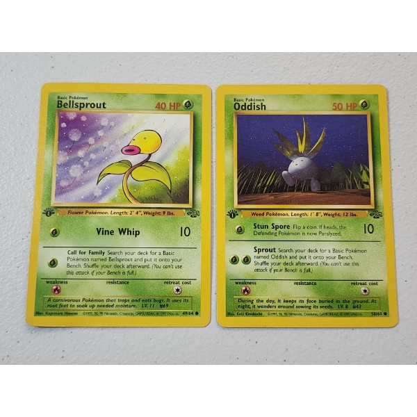Two 1st Edition Vintage Pokemon Cards: Bellsprout 49/64 & Oddish 58/64