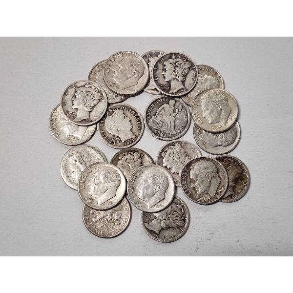x20 Assorted U.S. 90% Silver Dimes: Seated Liberty, Barber, Mercury, Roosevelt FV: $2.00