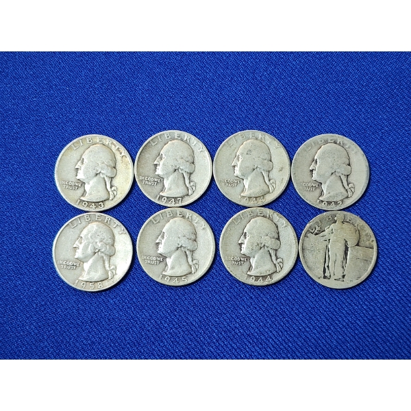 x8 Assorted Years 90% Silver U.S. Quarters Face Value: $2.00