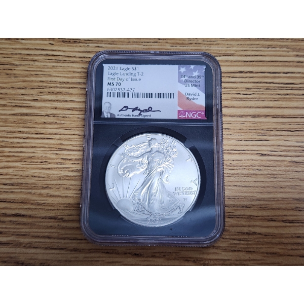 NGC MS70 2021 Silver American Eagle - Eagle Landing T-2 - FDOI - Signed - 1 oz .999 Fine Silver