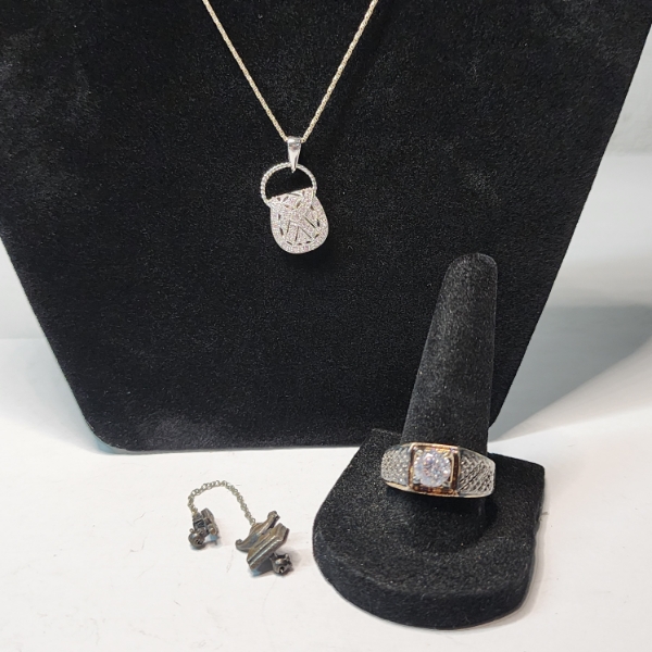 Lot of Assorted Sterling Silver Jewelry: Ring, Necklace, & Pin - TW: 12.1g
