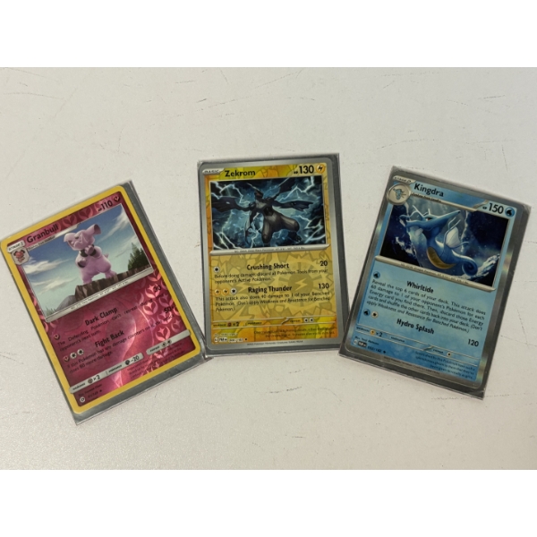 3 Pokémon Trading Cards - Kingdra 032/182 Rare Holo - Zekrom 066/182 Rare Holo - Granbull 91/149 Rar