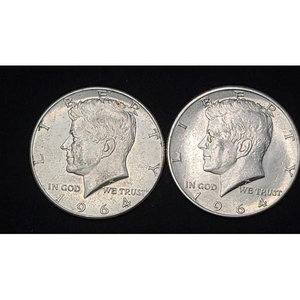 (2) 1964 90% Silver Kennedy Half Dollars - Face Value: $1.00