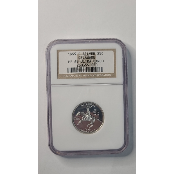 NGC 1999-S PF 69 ULTRA CAMEO 90% Silver Delaware State Quarter