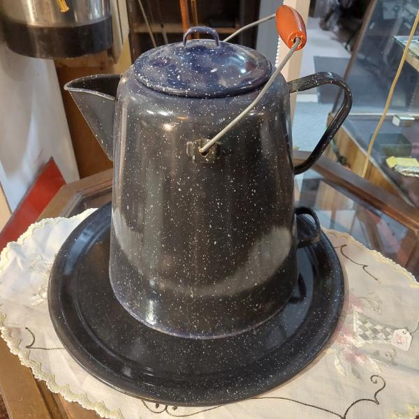 Antique Porcelain Enamel Metal Coffee Pot & Large Charger / Platter - Spatterware