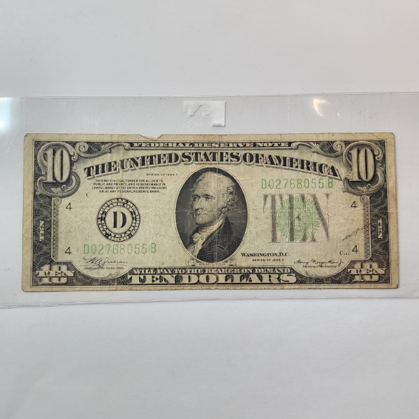 United States Series 1934 A $10 Federal Reserve Note 