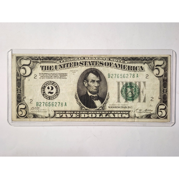 Series of 1928A ~ United States Federal Reserve $5 Bank of New York Redeemable in Gold Note ~ Hard T